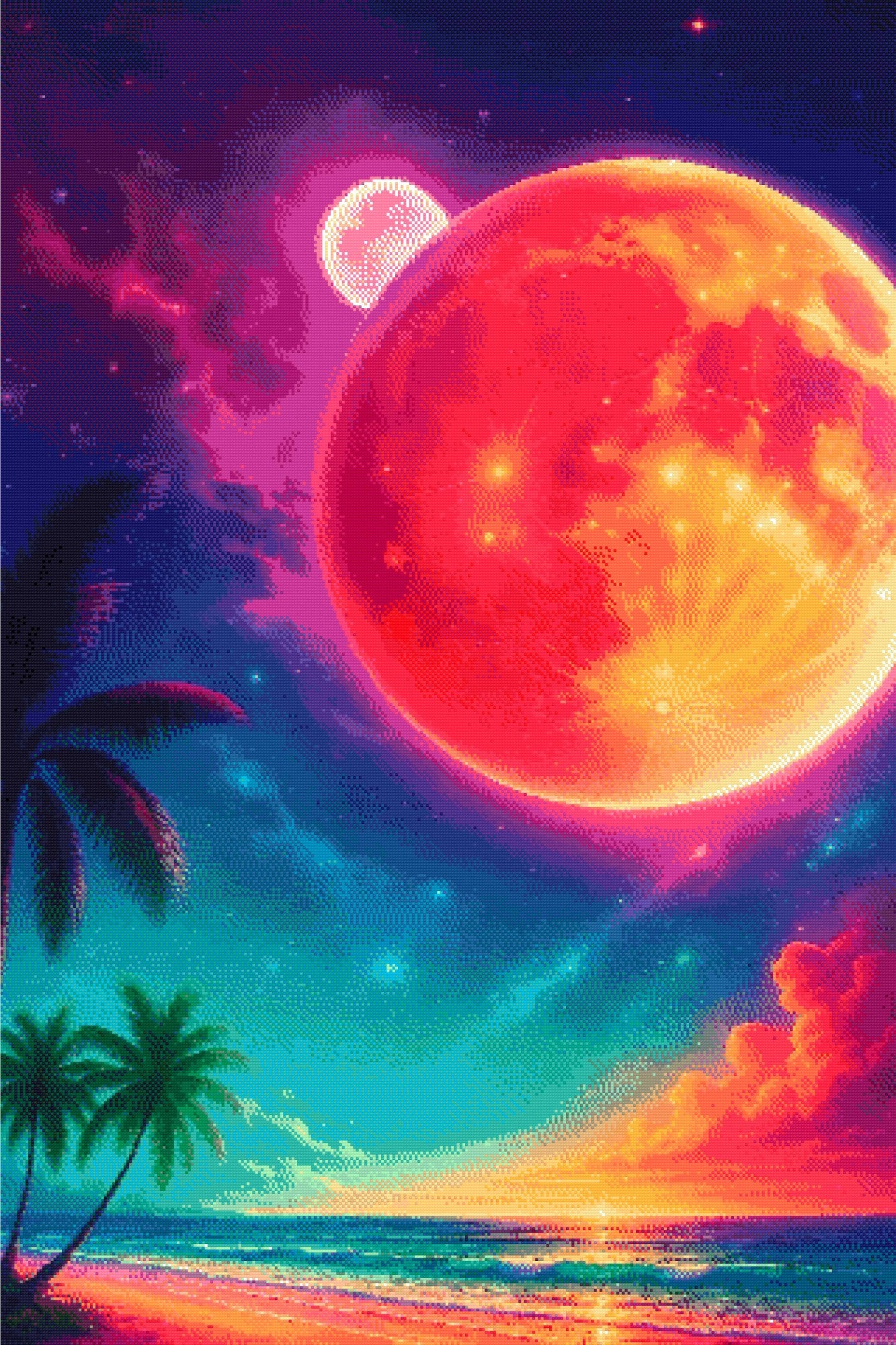 A Diamond Painting Rendering Of Fantasy Beach Scene With Glowing Red Planet, Stars, Palm Trees, And A Vivid Cosmic Sky At Sunset. Size - 80cm X 120cm