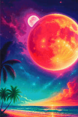 A Diamond Painting Rendering Of Fantasy Beach Scene With Glowing Red Planet, Stars, Palm Trees, And A Vivid Cosmic Sky At Sunset. Size - 80cm X 120cm