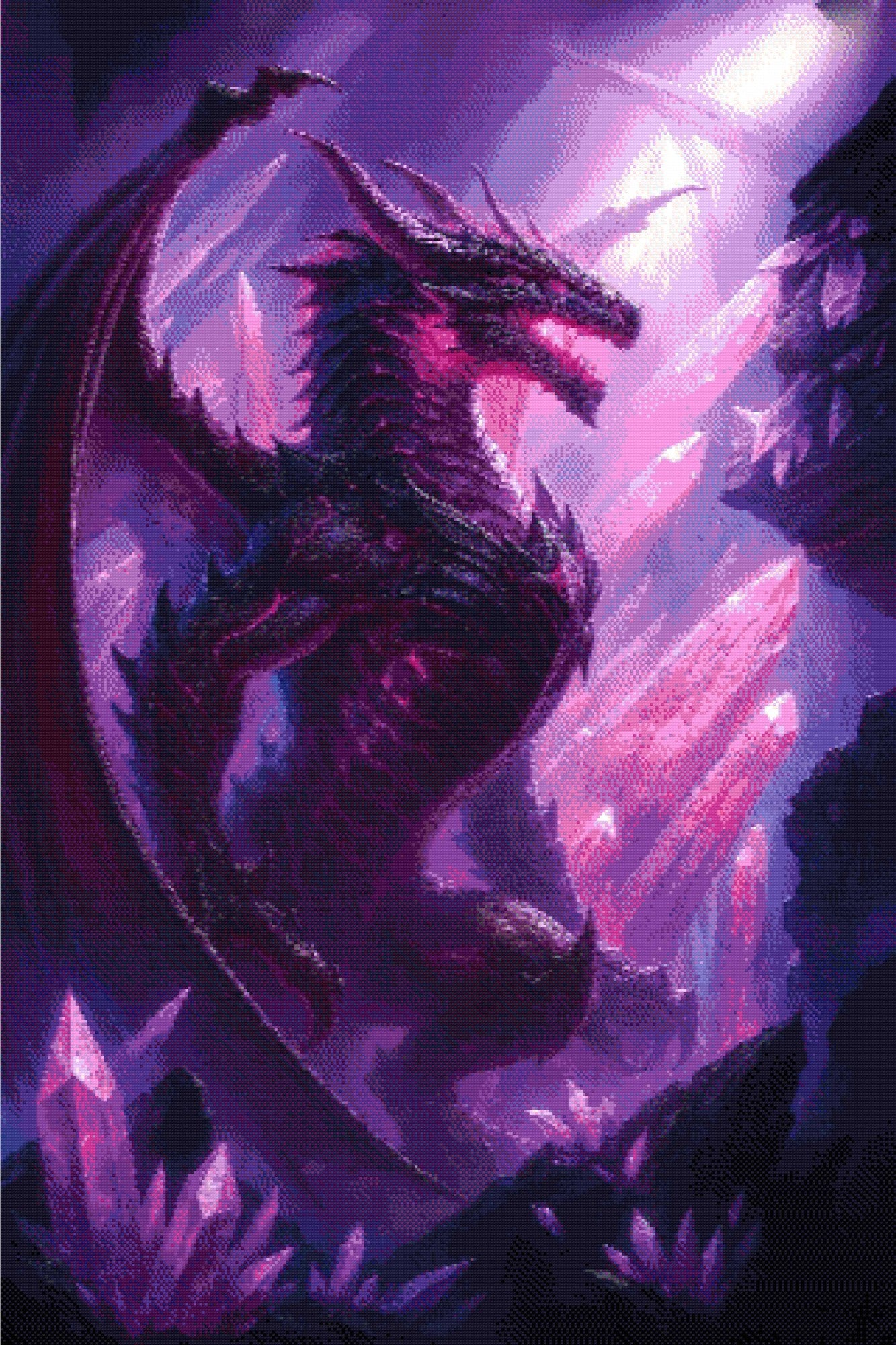A Diamond Painting Rendering Of Majestic Dark Dragon In Glowing Purple Crystal Cave With Light Streaming Through Jagged Formations. Size - 80cm X 120cm