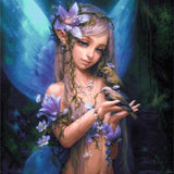 A Diamond Painting Rendering Of Fairy With Violet Flowers And Silver Hair Holds Birds In An Enchanted Forest, Surrounded By Glowing Light. Size - 100cm X 100cm