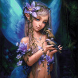 A Diamond Painting Rendering Of Fairy With Violet Flowers And Silver Hair Holds Birds In An Enchanted Forest, Surrounded By Glowing Light. Size - 110cm X 110cm