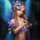 A Diamond Painting Rendering Of Fairy With Violet Flowers And Silver Hair Holds Birds In An Enchanted Forest, Surrounded By Glowing Light. Size - 60cm X 60cm