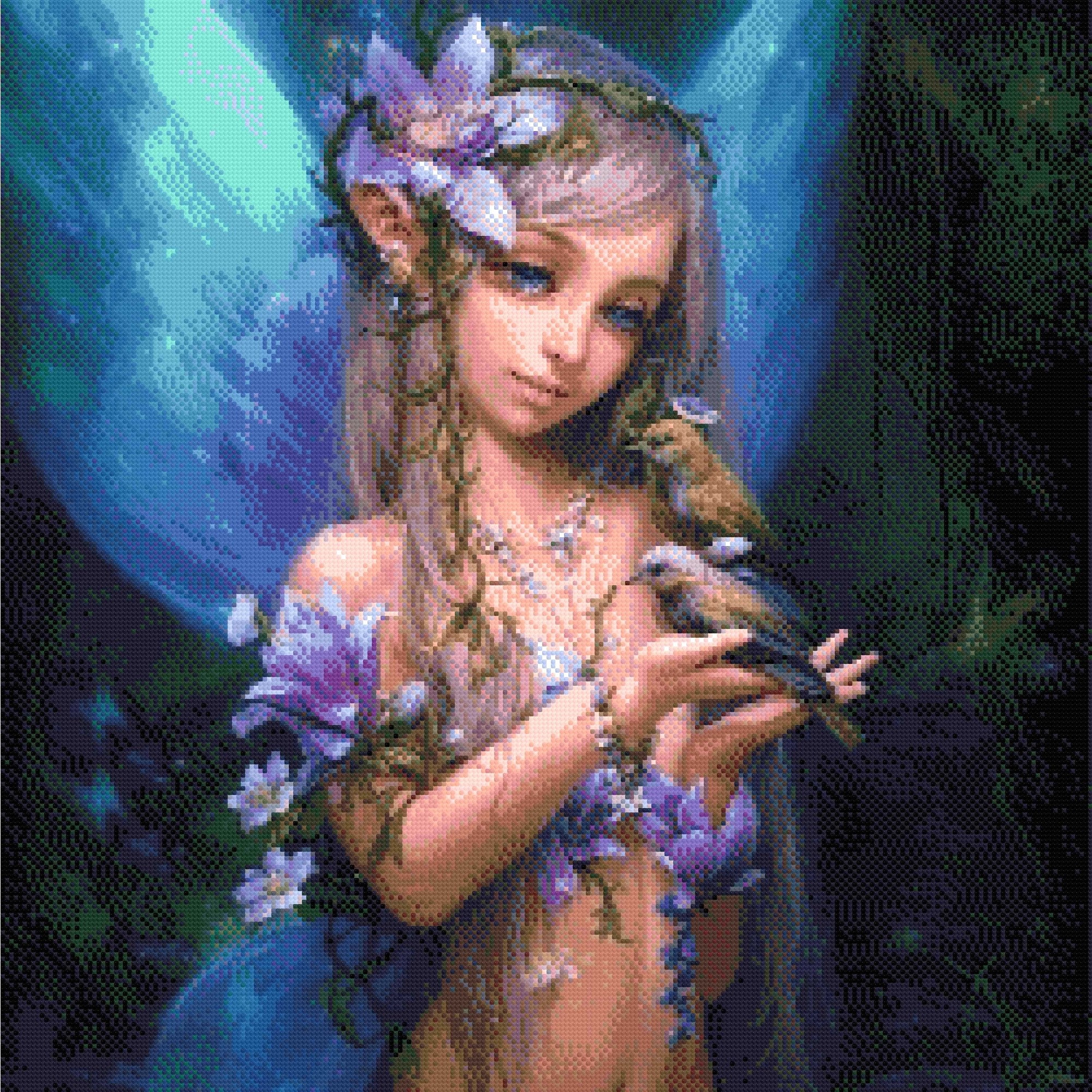 A Diamond Painting Rendering Of Fairy With Violet Flowers And Silver Hair Holds Birds In An Enchanted Forest, Surrounded By Glowing Light. Size - 70cm X 70cm