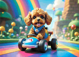 A Diamond Painting Rendering Of Cute Dog Driving A Cartoon Go-kart On A Rainbow Road In A Colourful Fantasy World With Mushrooms And Clouds. Size - 110cm X 80cm