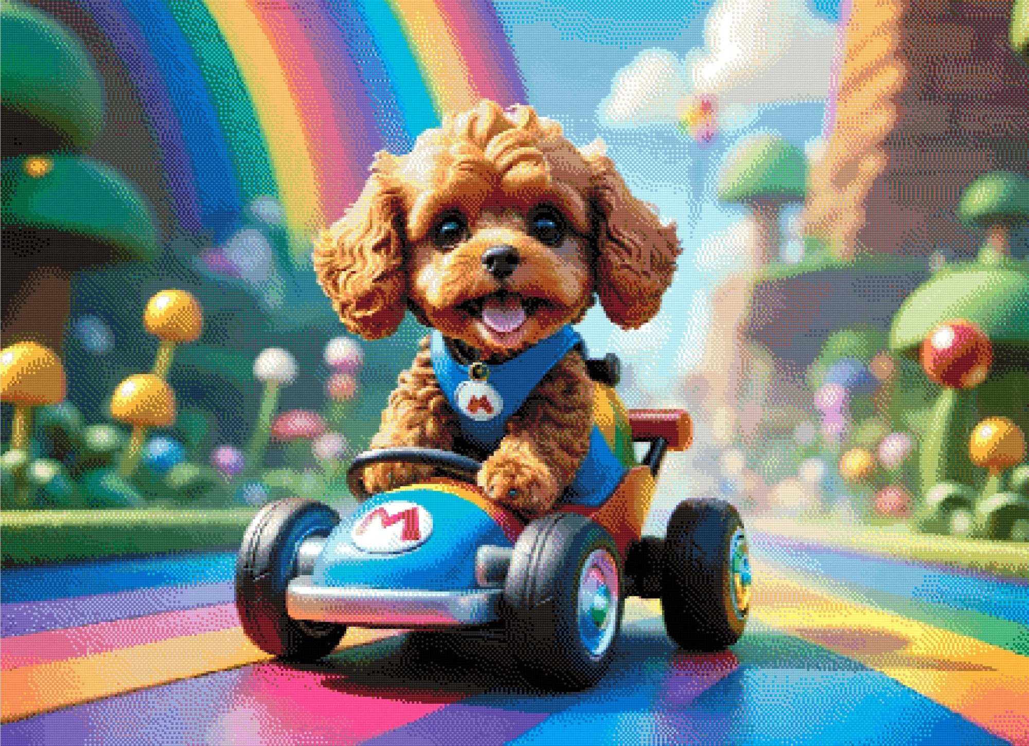 A Diamond Painting Rendering Of Cute Dog Driving A Cartoon Go-kart On A Rainbow Road In A Colourful Fantasy World With Mushrooms And Clouds. Size - 110cm X 80cm