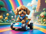 A Diamond Painting Rendering Of Cute Dog Driving A Cartoon Go-kart On A Rainbow Road In A Colourful Fantasy World With Mushrooms And Clouds. Size - 120cm X 90cm
