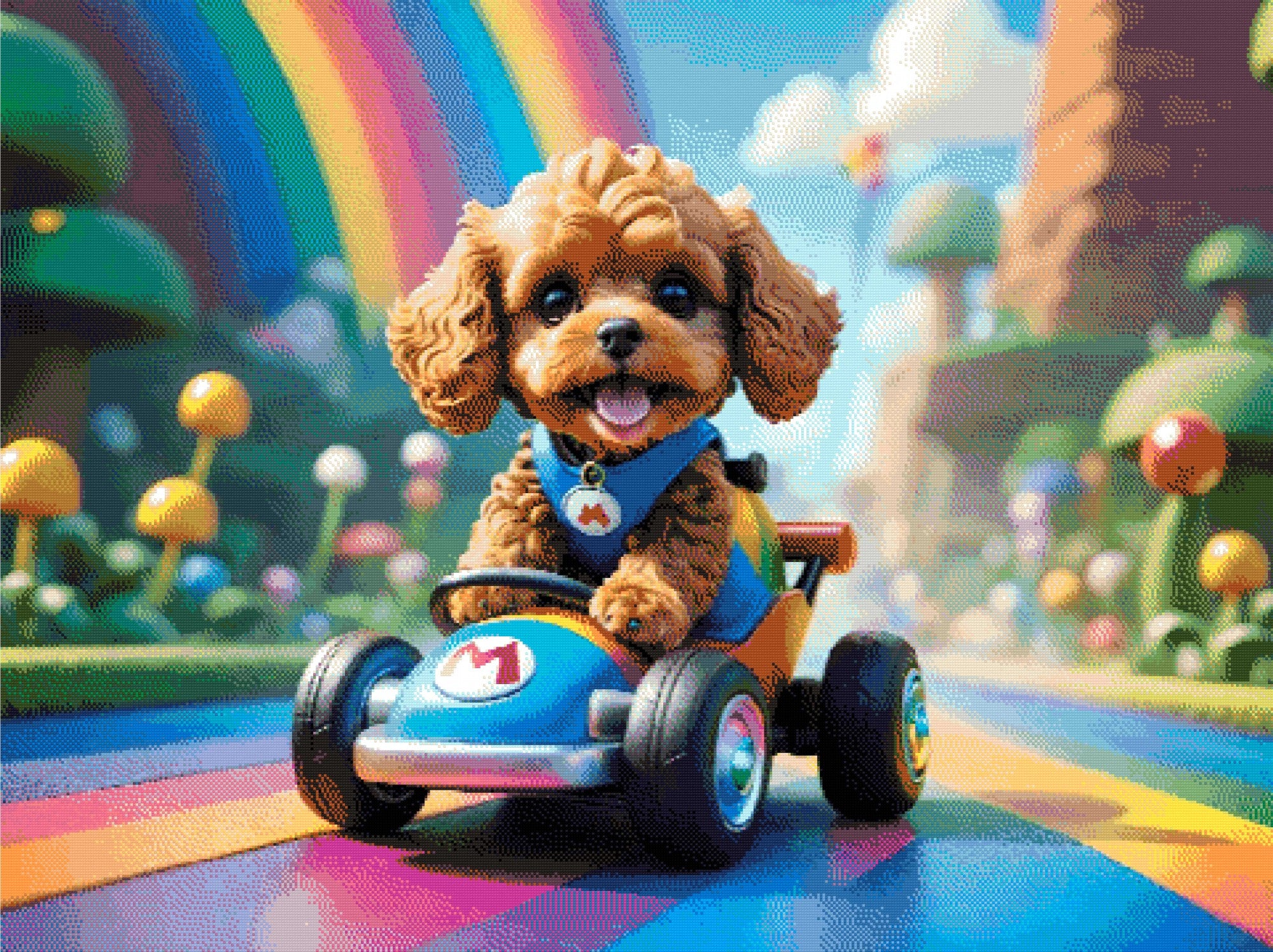 A Diamond Painting Rendering Of Cute Dog Driving A Cartoon Go-kart On A Rainbow Road In A Colourful Fantasy World With Mushrooms And Clouds. Size - 120cm X 90cm