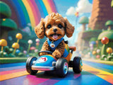 A Diamond Painting Rendering Of Cute Dog Driving A Cartoon Go-kart On A Rainbow Road In A Colourful Fantasy World With Mushrooms And Clouds. Size - 120cm X 90cm