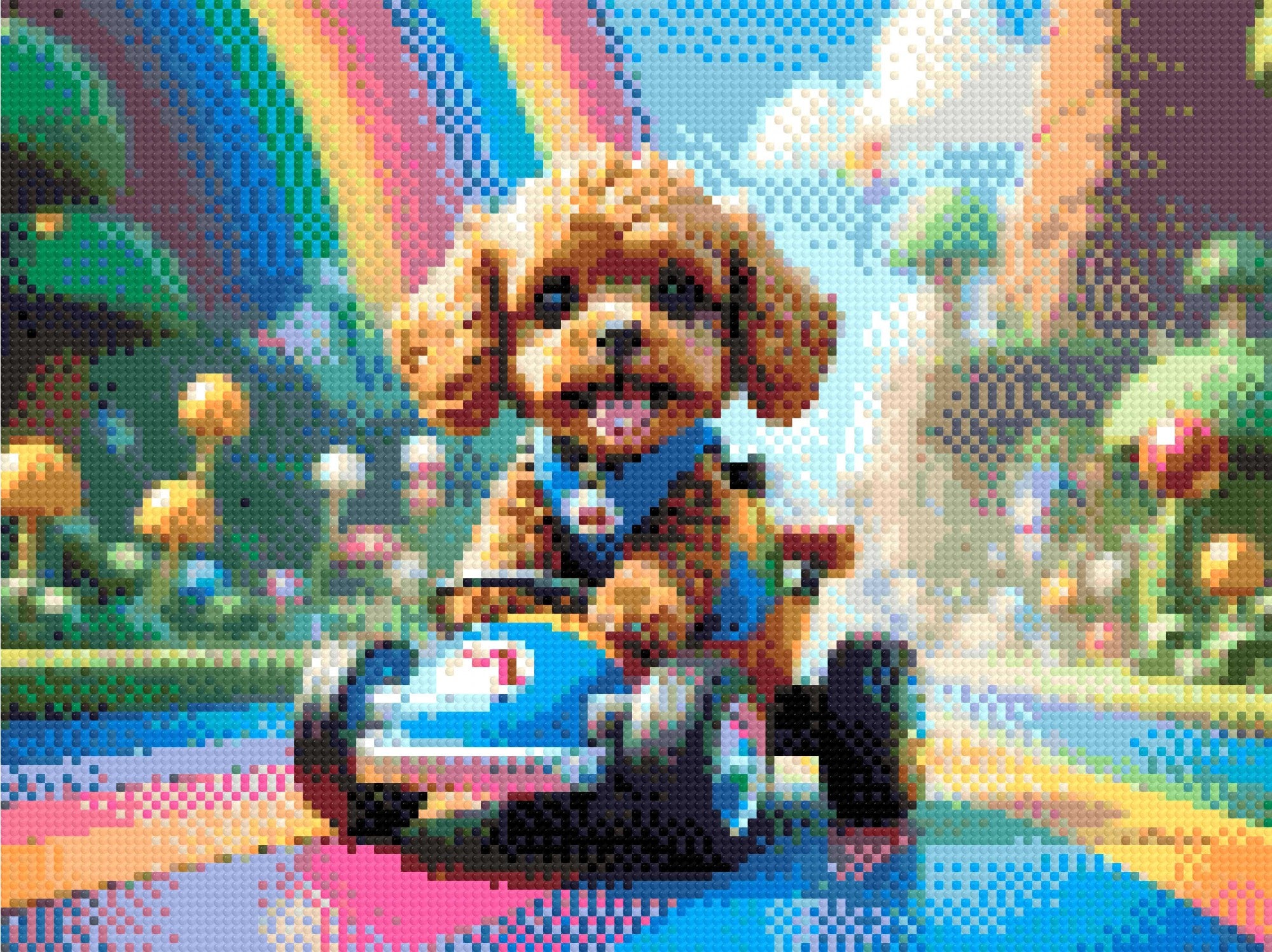 A Diamond Painting Rendering Of Cute Dog Driving A Cartoon Go-kart On A Rainbow Road In A Colourful Fantasy World With Mushrooms And Clouds. Size - 40cm X 30cm
