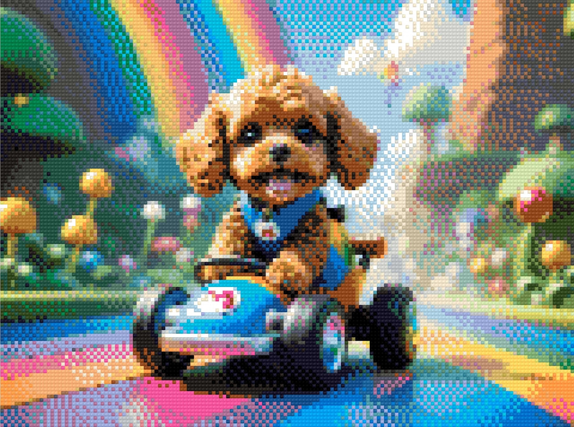 A Diamond Painting Rendering Of Cute Dog Driving A Cartoon Go-kart On A Rainbow Road In A Colourful Fantasy World With Mushrooms And Clouds. Size - 40cm X 30cm
