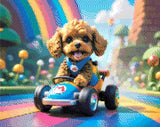 A Diamond Painting Rendering Of Cute Dog Driving A Cartoon Go-kart On A Rainbow Road In A Colourful Fantasy World With Mushrooms And Clouds. Size - 50cm X 40cm