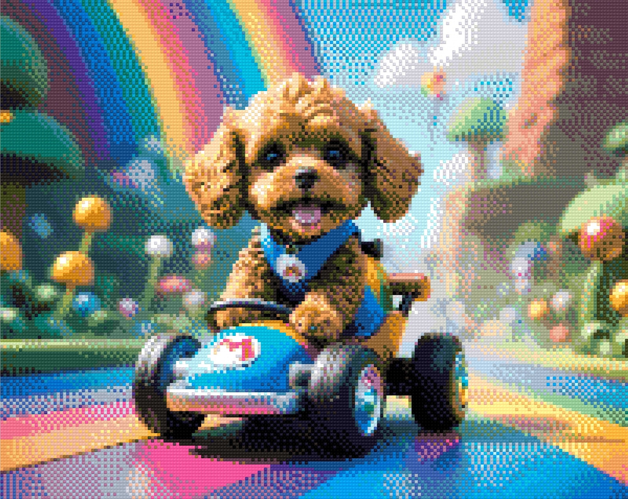 A Diamond Painting Rendering Of Cute Dog Driving A Cartoon Go-kart On A Rainbow Road In A Colourful Fantasy World With Mushrooms And Clouds. Size - 50cm X 40cm