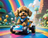A Diamond Painting Rendering Of Cute Dog Driving A Cartoon Go-kart On A Rainbow Road In A Colourful Fantasy World With Mushrooms And Clouds. Size - 50cm X 40cm