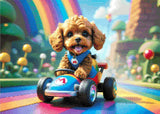 A Diamond Painting Rendering Of Cute Dog Driving A Cartoon Go-kart On A Rainbow Road In A Colourful Fantasy World With Mushrooms And Clouds. Size - 70cm X 50cm