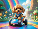 A Diamond Painting Rendering Of Cute Dog Driving A Cartoon Go-kart On A Rainbow Road In A Colourful Fantasy World With Mushrooms And Clouds. Size - 80cm X 60cm