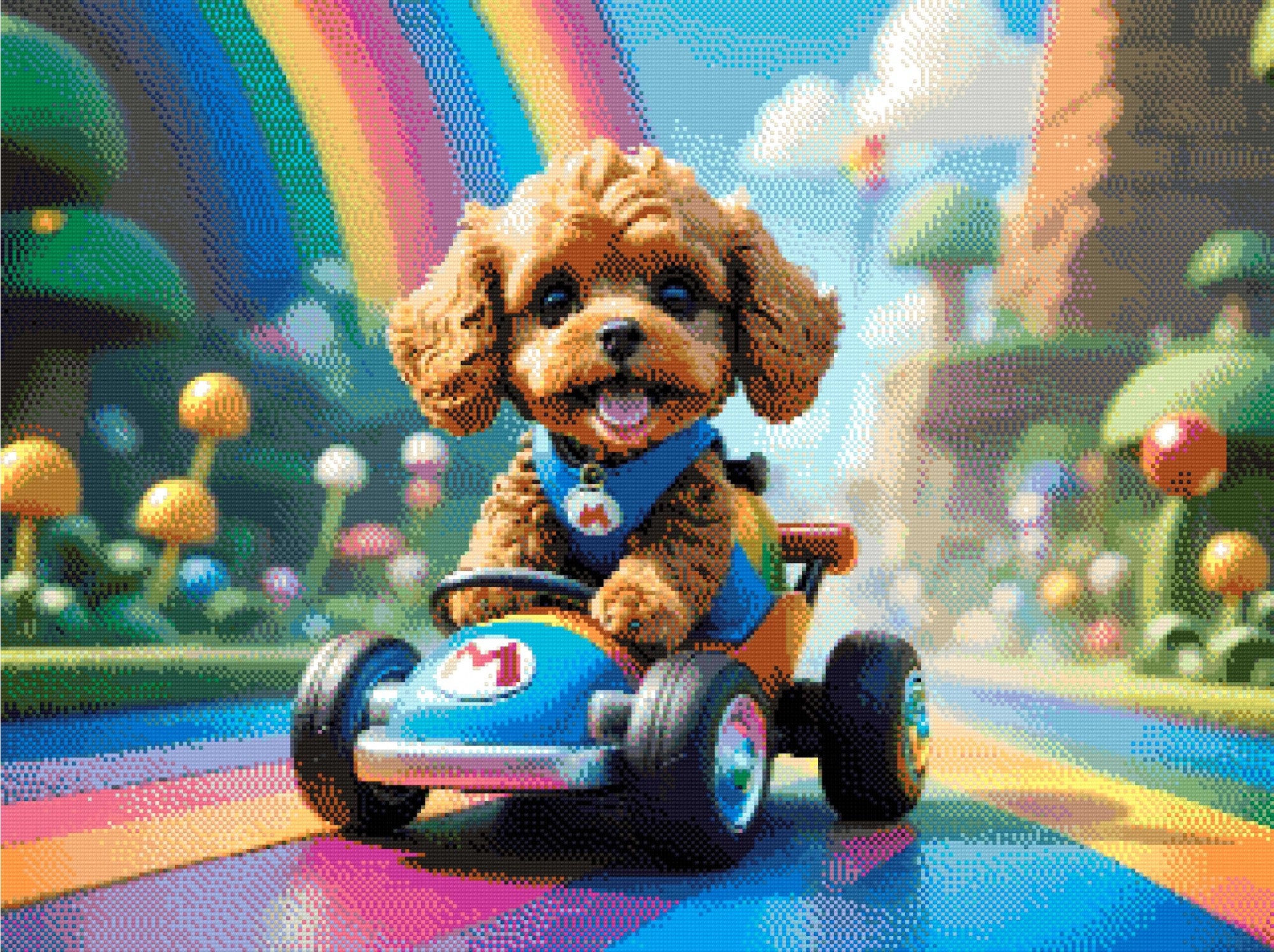 A Diamond Painting Rendering Of Cute Dog Driving A Cartoon Go-kart On A Rainbow Road In A Colourful Fantasy World With Mushrooms And Clouds. Size - 80cm X 60cm