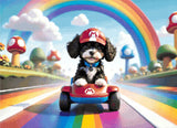 A Diamond Painting Rendering Of Cartoon Puppy In A Red Cap Driving A Toy Race Kart On A Rainbow Track Surrounded By Mushrooms And Clouds. Size - 110cm X 80cm