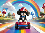 A Diamond Painting Rendering Of Cartoon Puppy In A Red Cap Driving A Toy Race Kart On A Rainbow Track Surrounded By Mushrooms And Clouds. Size - 110cm X 80cm