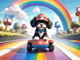 A Diamond Painting Rendering Of Cartoon Puppy In A Red Cap Driving A Toy Race Kart On A Rainbow Track Surrounded By Mushrooms And Clouds. Size - 120cm X 90cm