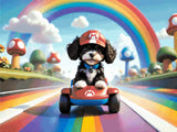 A Diamond Painting Rendering Of Cartoon Puppy In A Red Cap Driving A Toy Race Kart On A Rainbow Track Surrounded By Mushrooms And Clouds. Size - 120cm X 90cm