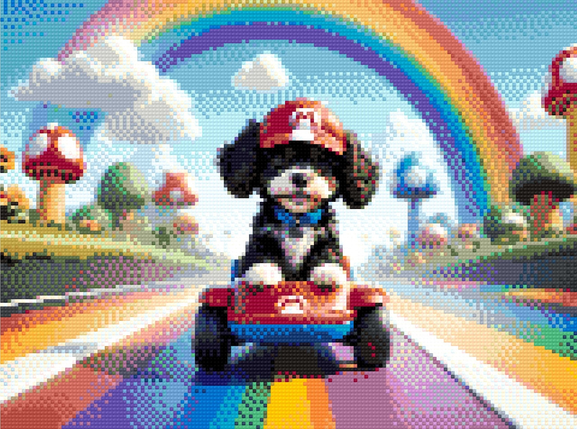 A Diamond Painting Rendering Of Cartoon Puppy In A Red Cap Driving A Toy Race Kart On A Rainbow Track Surrounded By Mushrooms And Clouds. Size - 40cm X 30cm