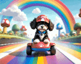 A Diamond Painting Rendering Of Cartoon Puppy In A Red Cap Driving A Toy Race Kart On A Rainbow Track Surrounded By Mushrooms And Clouds. Size - 50cm X 40cm
