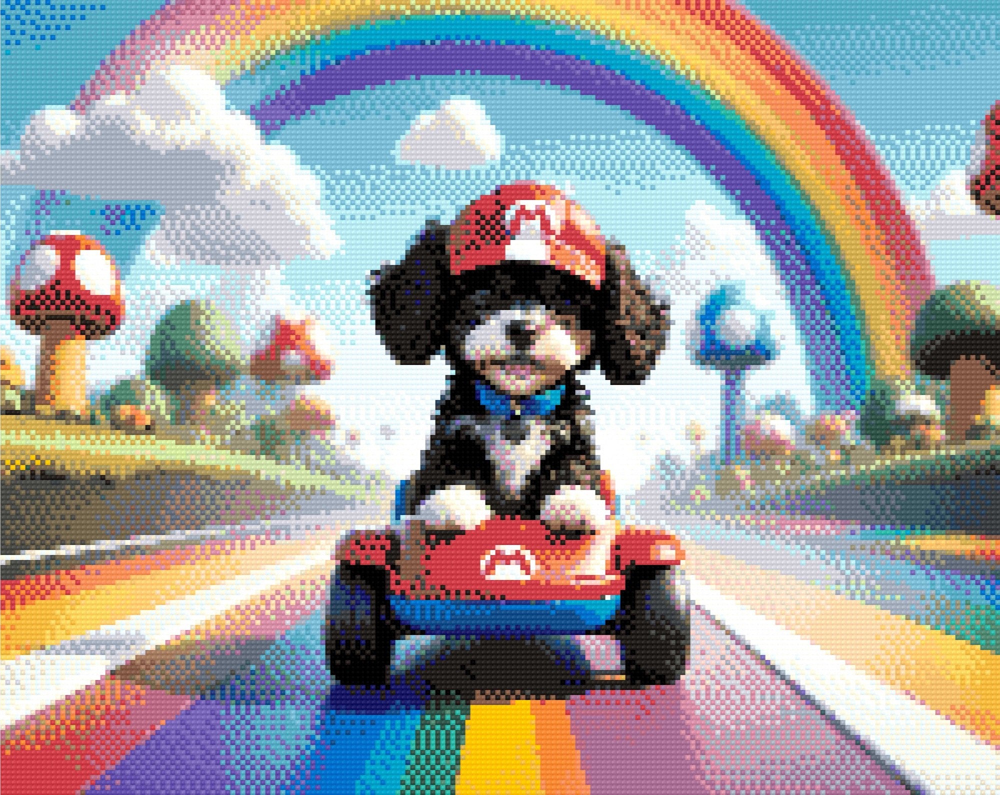 A Diamond Painting Rendering Of Cartoon Puppy In A Red Cap Driving A Toy Race Kart On A Rainbow Track Surrounded By Mushrooms And Clouds. Size - 50cm X 40cm