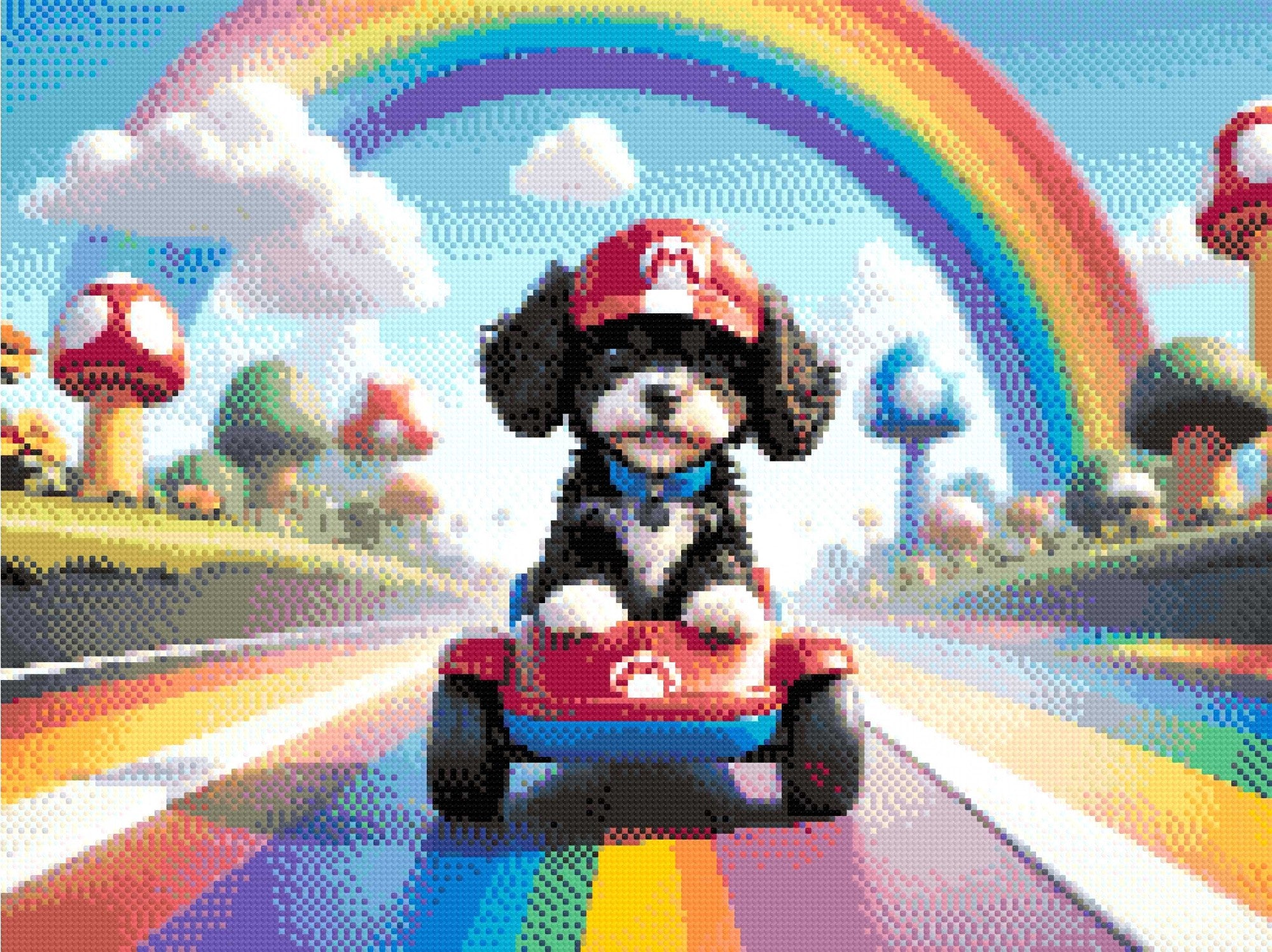 A Diamond Painting Rendering Of Cartoon Puppy In A Red Cap Driving A Toy Race Kart On A Rainbow Track Surrounded By Mushrooms And Clouds. Size - 60cm X 45cm