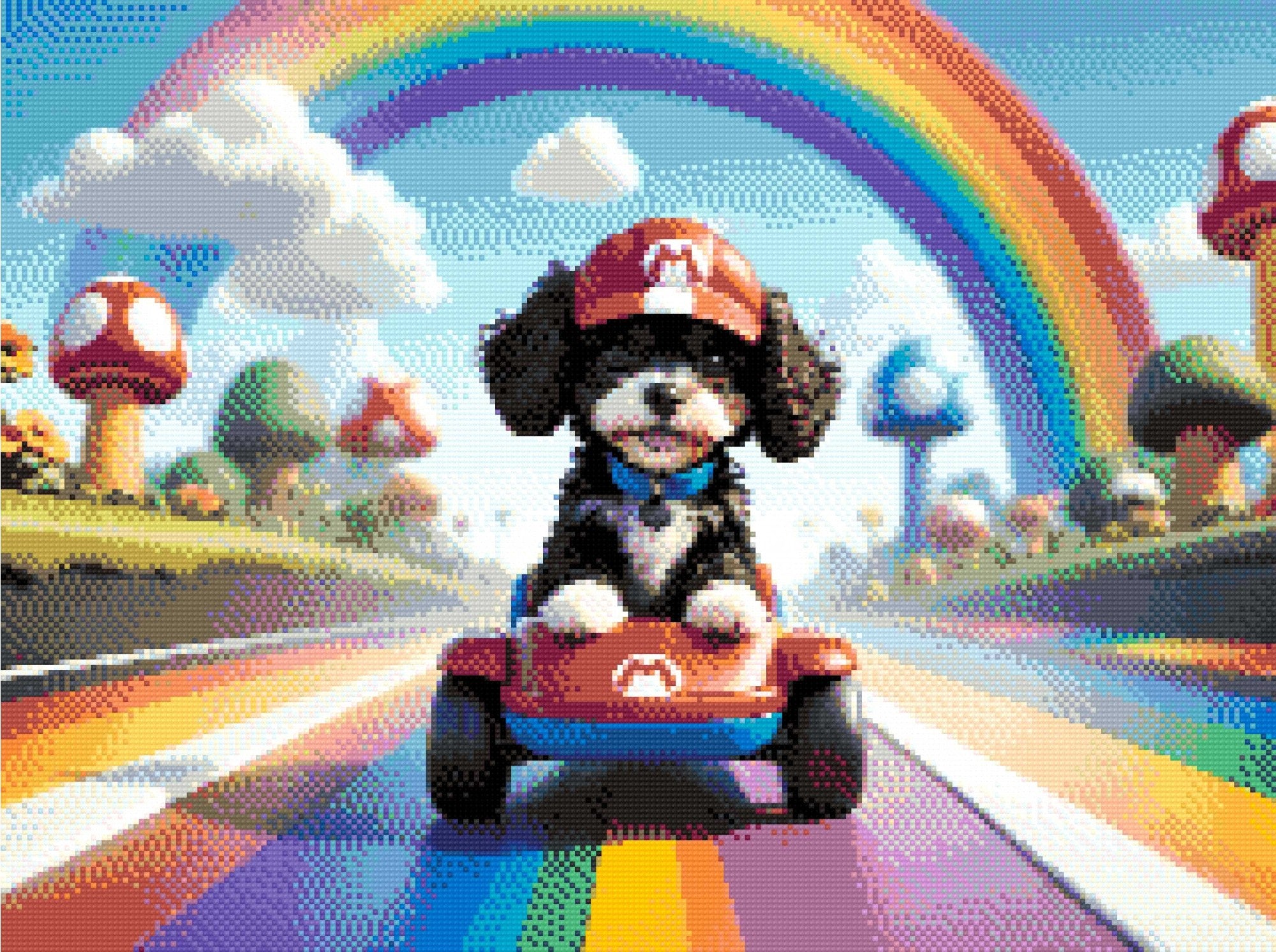 A Diamond Painting Rendering Of Cartoon Puppy In A Red Cap Driving A Toy Race Kart On A Rainbow Track Surrounded By Mushrooms And Clouds. Size - 60cm X 45cm