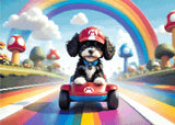 A Diamond Painting Rendering Of Cartoon Puppy In A Red Cap Driving A Toy Race Kart On A Rainbow Track Surrounded By Mushrooms And Clouds. Size - 70cm X 50cm