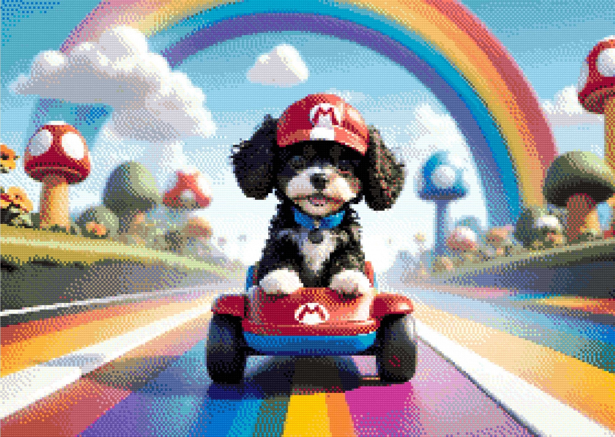 A Diamond Painting Rendering Of Cartoon Puppy In A Red Cap Driving A Toy Race Kart On A Rainbow Track Surrounded By Mushrooms And Clouds. Size - 70cm X 50cm