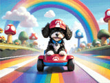 A Diamond Painting Rendering Of Cartoon Puppy In A Red Cap Driving A Toy Race Kart On A Rainbow Track Surrounded By Mushrooms And Clouds. Size - 80cm X 60cm