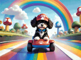 A Diamond Painting Rendering Of Cartoon Puppy In A Red Cap Driving A Toy Race Kart On A Rainbow Track Surrounded By Mushrooms And Clouds. Size - 80cm X 60cm