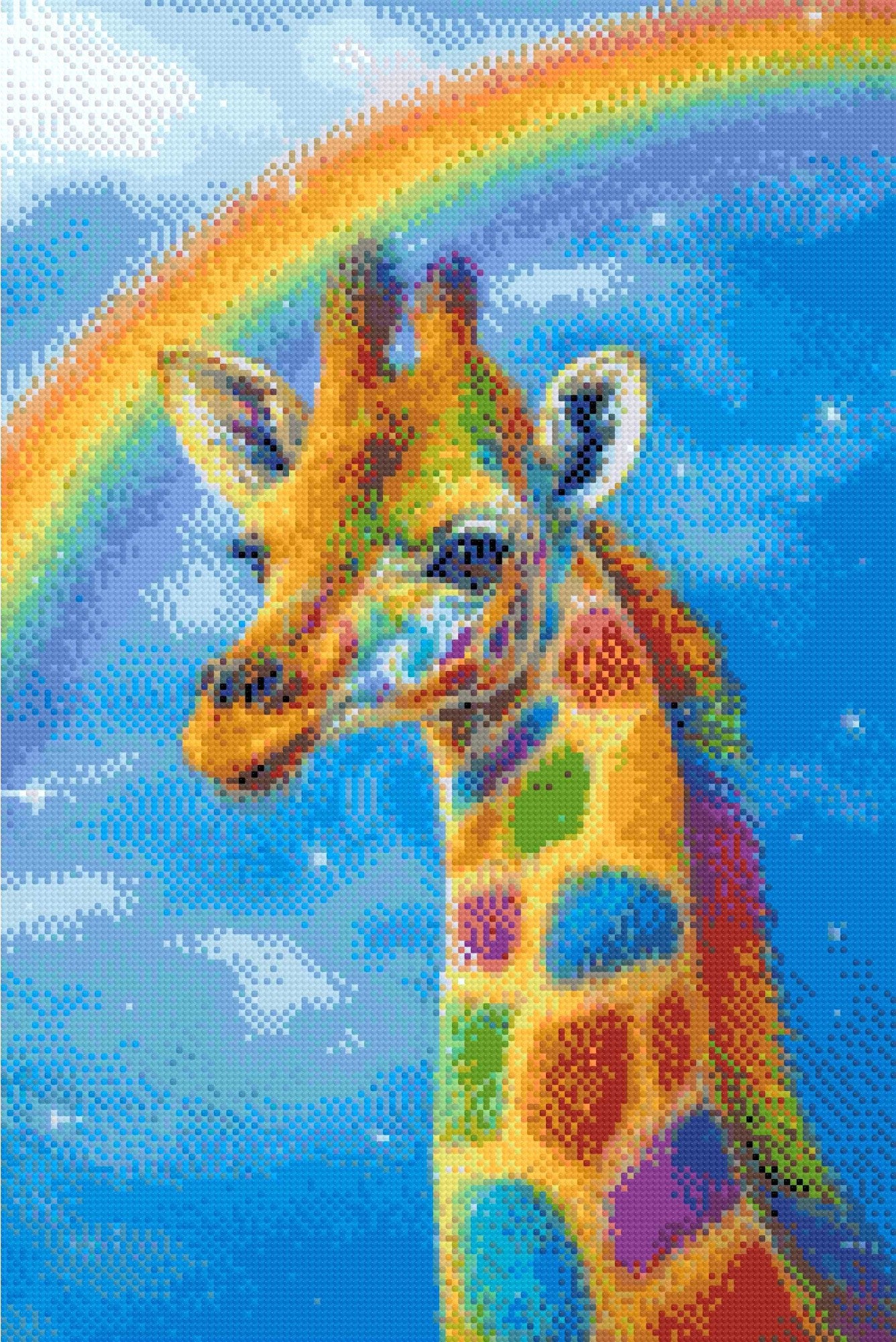 colourful giraffe with rainbow patches standing under a starry sky and a bright rainbow. Size - 40cm x 60cm