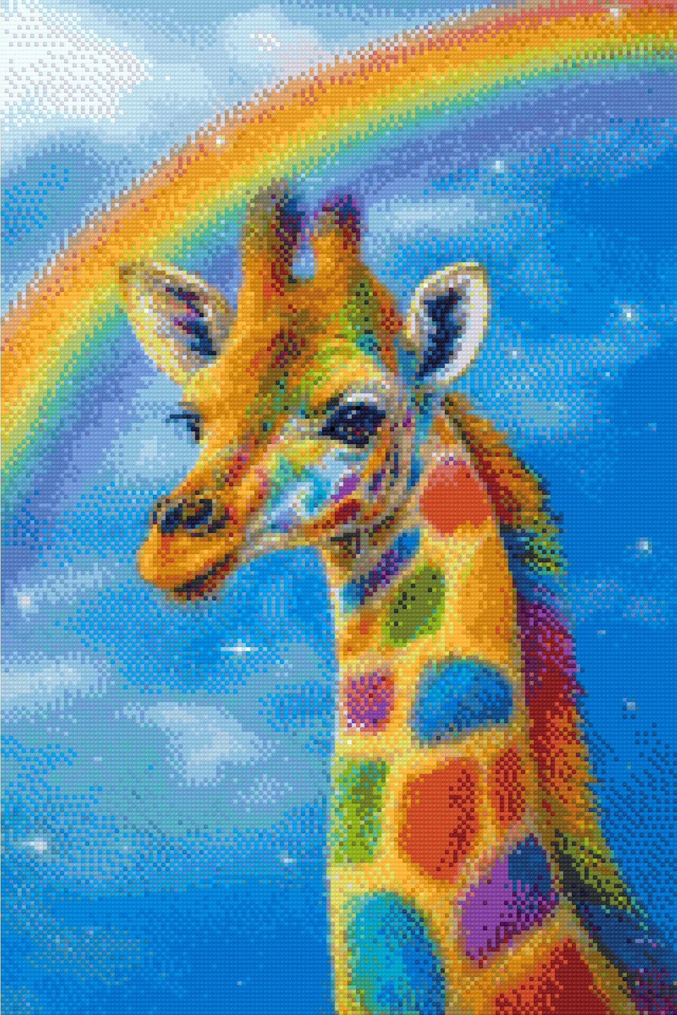 colourful giraffe with rainbow patches standing under a starry sky and a bright rainbow. Size - 40cm x 60cm