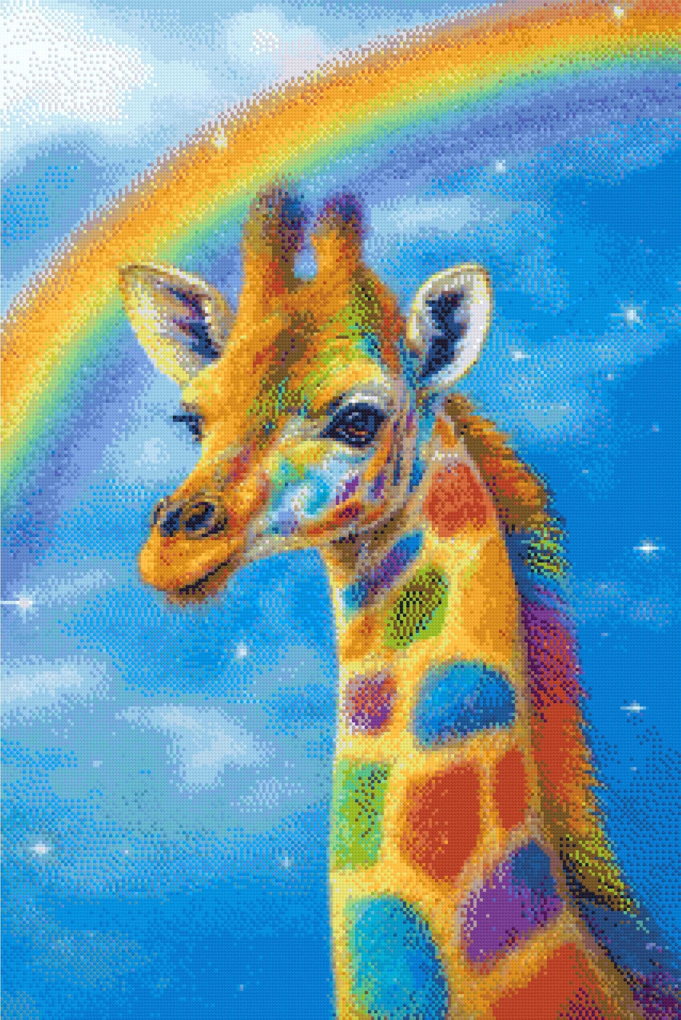 colourful giraffe with rainbow patches standing under a starry sky and a bright rainbow. Size - 60cm x 90cm