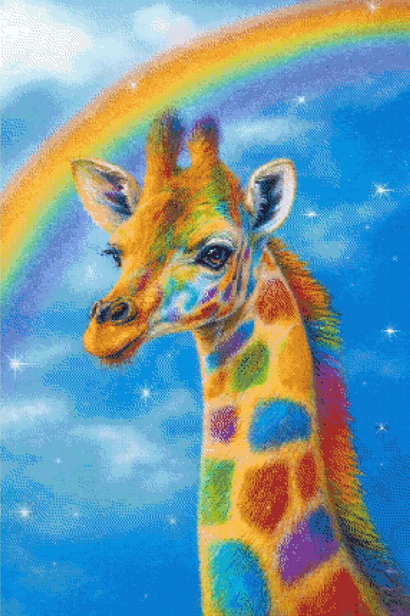 colourful giraffe with rainbow patches standing under a starry sky and a bright rainbow. Size - 80cm x 120cm