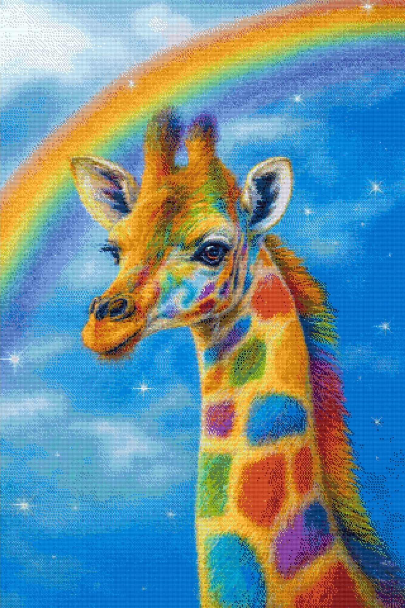 colourful giraffe with rainbow patches standing under a starry sky and a bright rainbow. Size - 80cm x 120cm