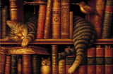 A sleeping tabby cat curled up on a bookshelf among vintage books, with an owl figurine and a bird nearby. Size - 90cm x 60cm