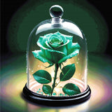 A luminous green rose inside a glass dome, resting on glowing green beads, surrounded by soft light. Size - 100cm x 100cm