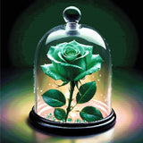 A luminous green rose inside a glass dome, resting on glowing green beads, surrounded by soft light. Size - 100cm x 100cm