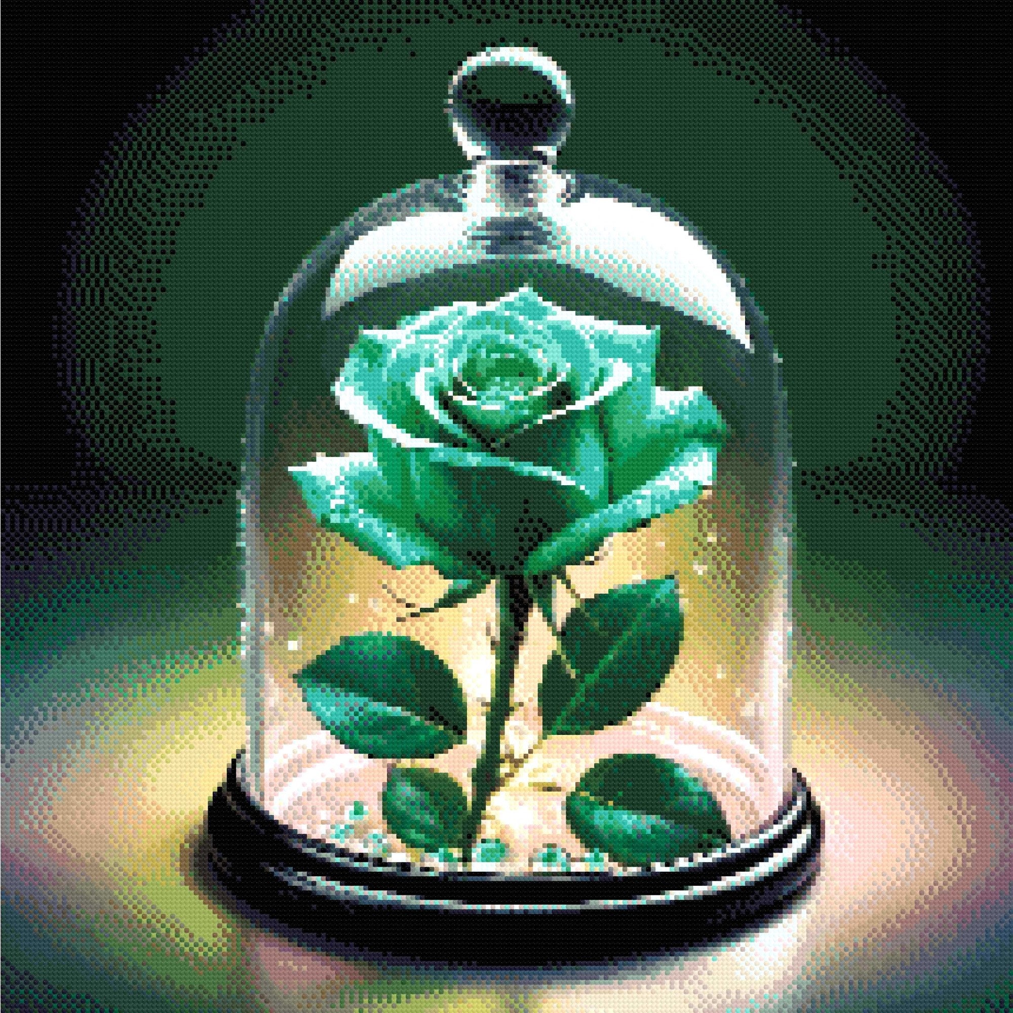 A luminous green rose inside a glass dome, resting on glowing green beads, surrounded by soft light. Size - 60cm x 60cm