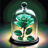 A luminous green rose inside a glass dome, resting on glowing green beads, surrounded by soft light. Size - 60cm x 60cm