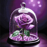 A purple rose with dewdrops under a glass dome, set on glowing violet beads against a soft purple background. Size - 100cm x 100cm