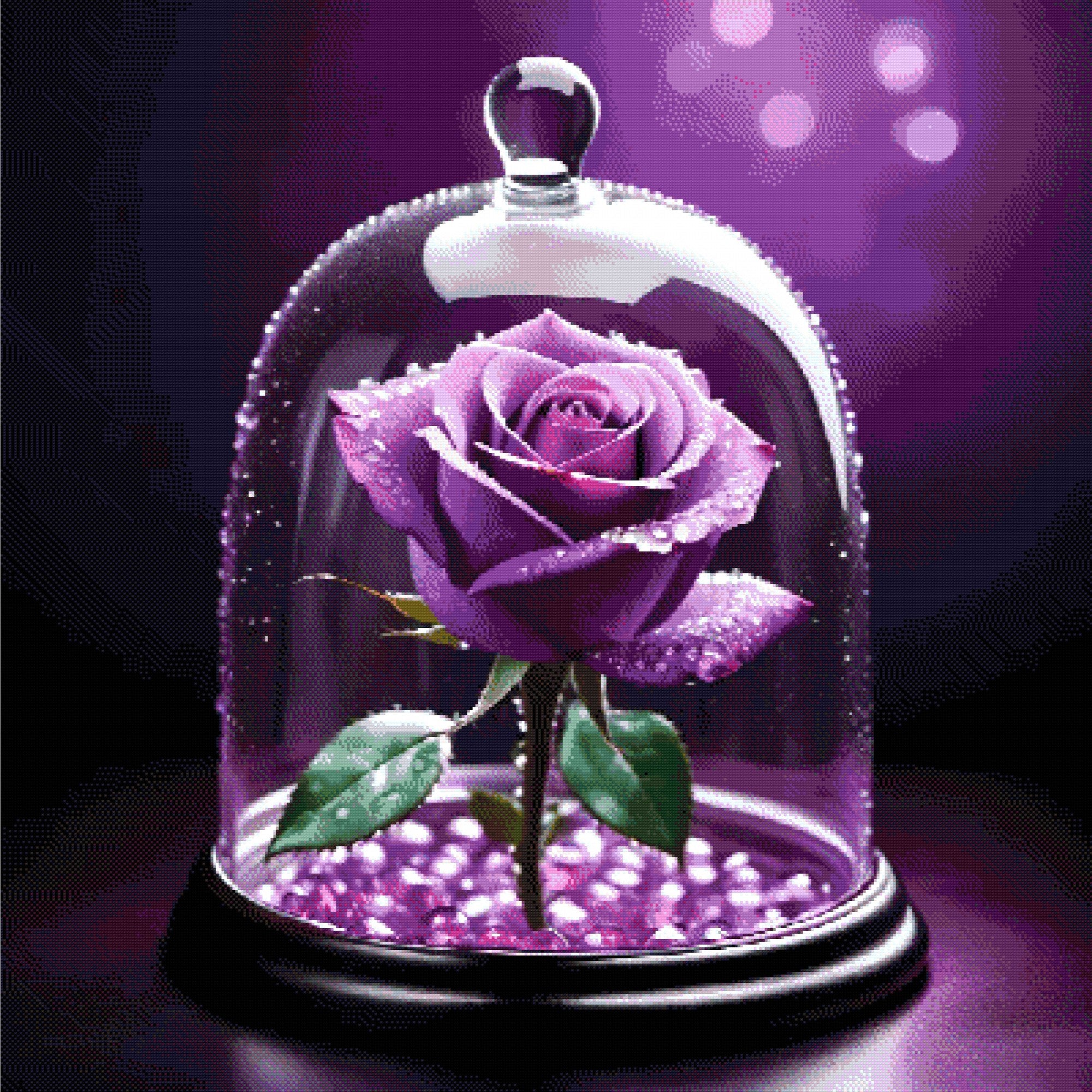 A purple rose with dewdrops under a glass dome, set on glowing violet beads against a soft purple background. Size - 100cm x 100cm
