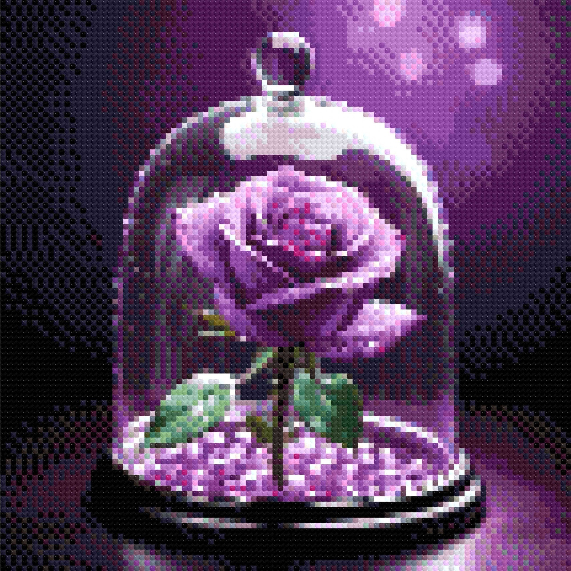 A purple rose with dewdrops under a glass dome, set on glowing violet beads against a soft purple background. Size - 30cm x 30cm