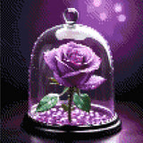 A purple rose with dewdrops under a glass dome, set on glowing violet beads against a soft purple background. Size - 30cm x 30cm