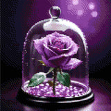 A purple rose with dewdrops under a glass dome, set on glowing violet beads against a soft purple background. Size - 30cm x 30cm
