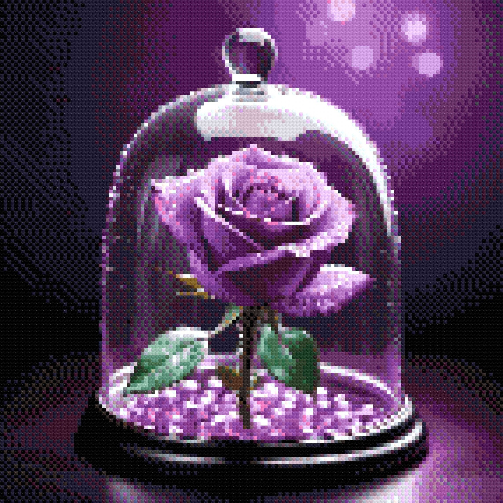 A purple rose with dewdrops under a glass dome, set on glowing violet beads against a soft purple background. Size - 40cm x 40cm