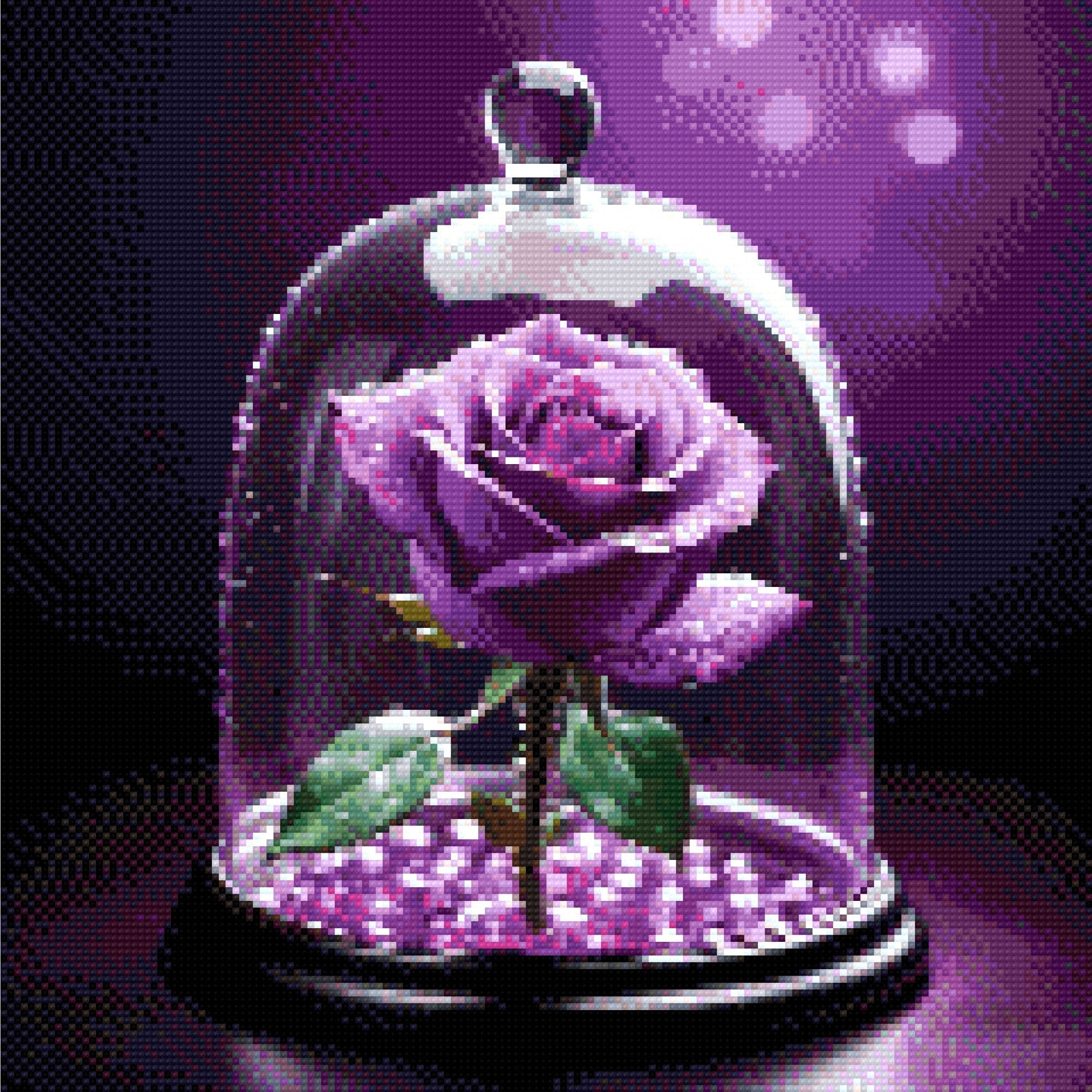 A purple rose with dewdrops under a glass dome, set on glowing violet beads against a soft purple background. Size - 40cm x 40cm